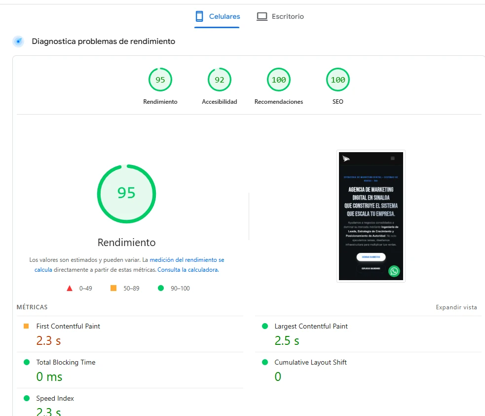Resultados de la herramienta Google PageSpeed Insights mostrando los cuatro semáforos de los Core Web Vitals en verde tras una optimización de SEO técnico